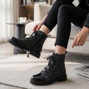 Karl Lagerfeld‎ Paris Boots Mela Embellished Combat Tweed Lace Up Ankle Sz 8